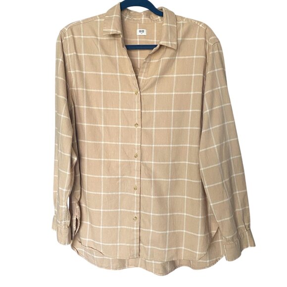 UNIQLO Beige and White Windowpane Long Sleeve Button Down Shirt Size L - Picture 1 of 5